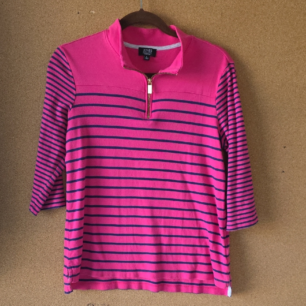 Jones New York Signature Pink Zip‑Front Knit Top Quarter Sleeve And Zip L